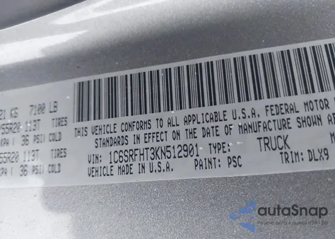 2019 Ram 1500 Limited 4X4 5'7 Box z USA, uszkodzony, nr VIN 1C6SRFHT3KN512901